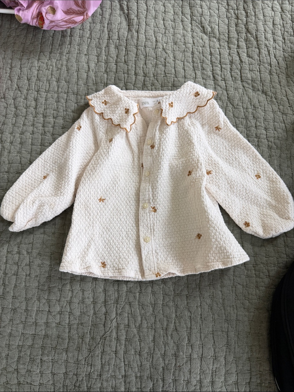 Zara Cream Blouse with Brown Floral Stitching